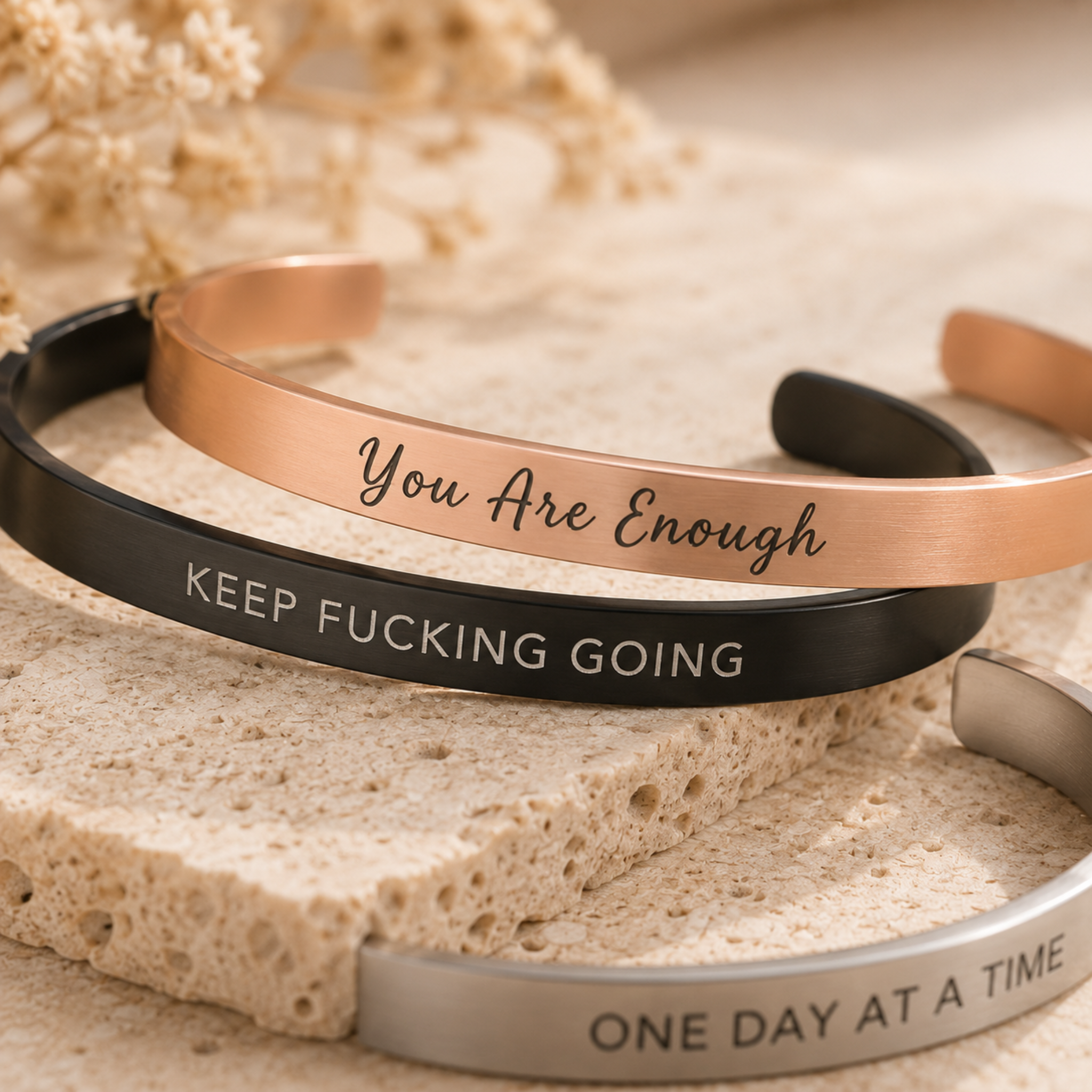 Affirmation bangle variations and engraving examples