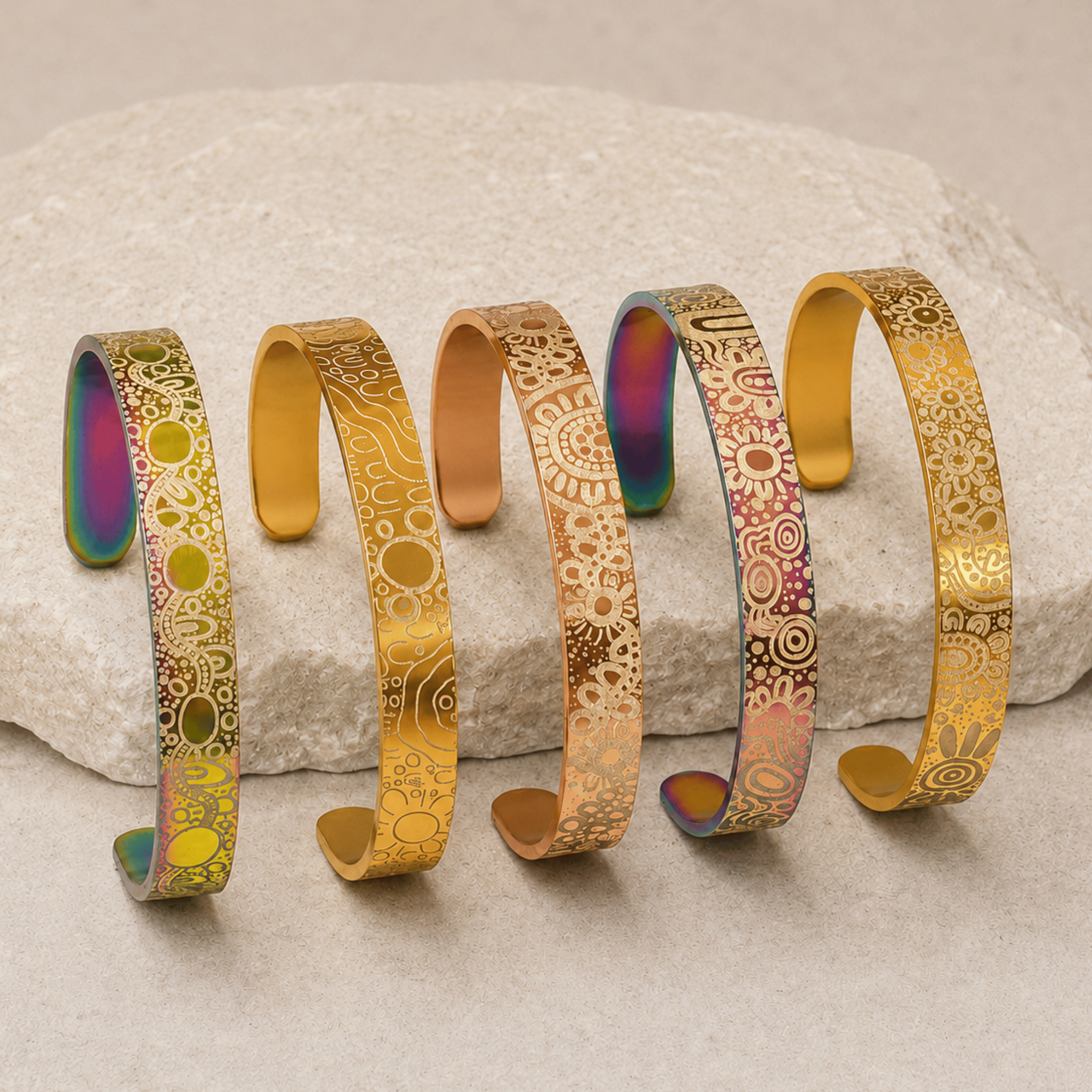 Aboriginal Art Cuff Bangle collection featuring five original engraved designs