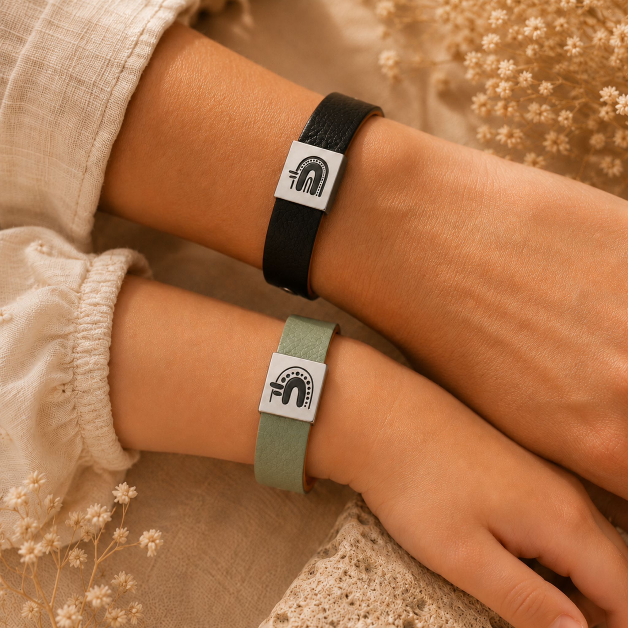 Mother and daughter wearing matching Story Bracelets