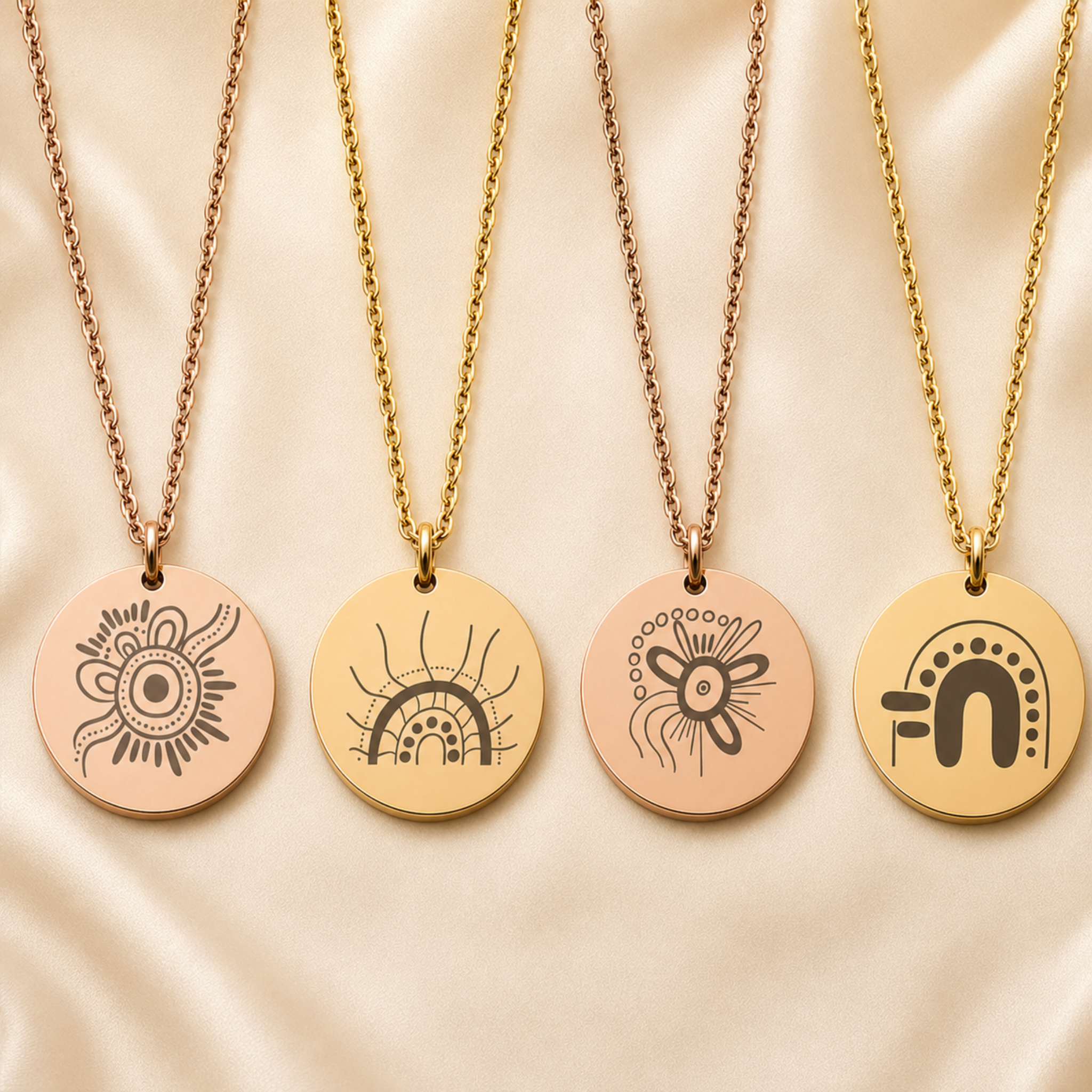 Four Storylines Aboriginal Art necklaces in alternating rose gold and 18k gold finishes