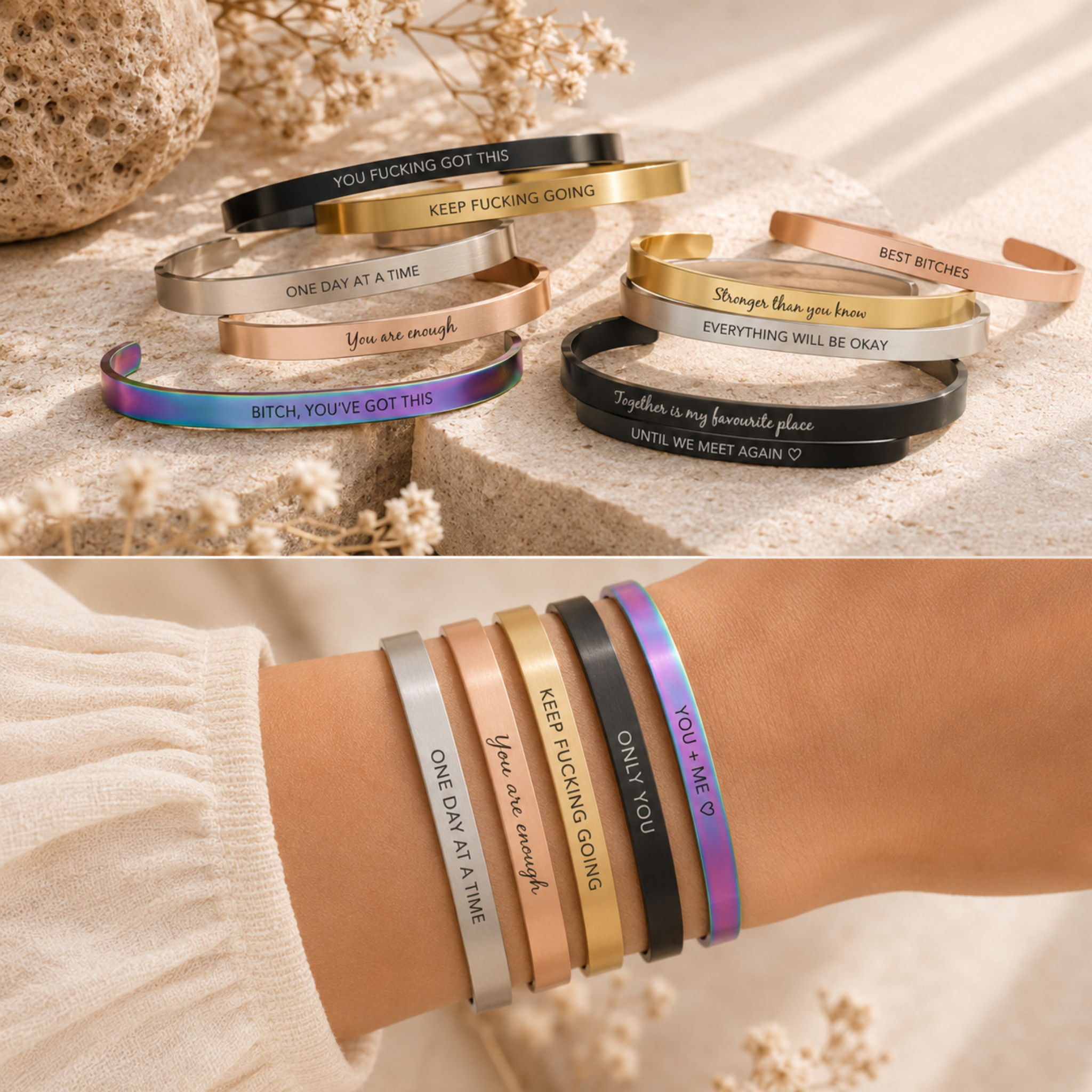 Affirmation bangles in multiple colours and widths