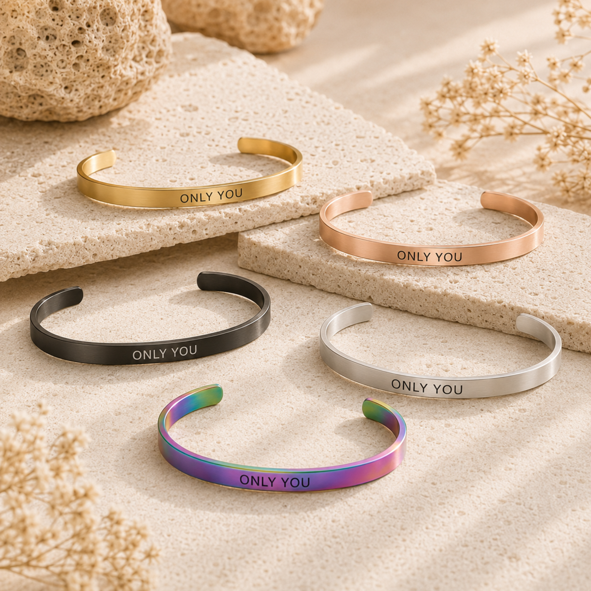 Rainbow black rose gold gold and silver affirmation bangles
