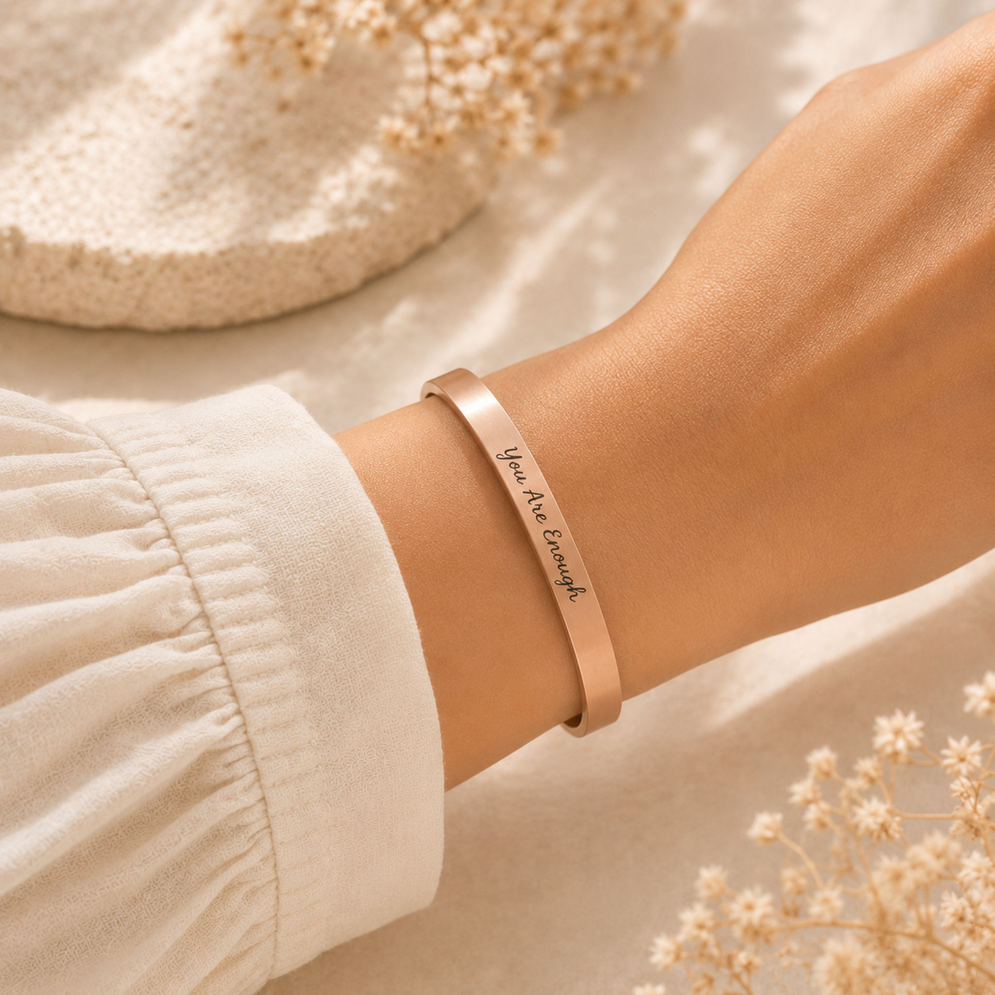 Close-up of affirmation bangle engraving