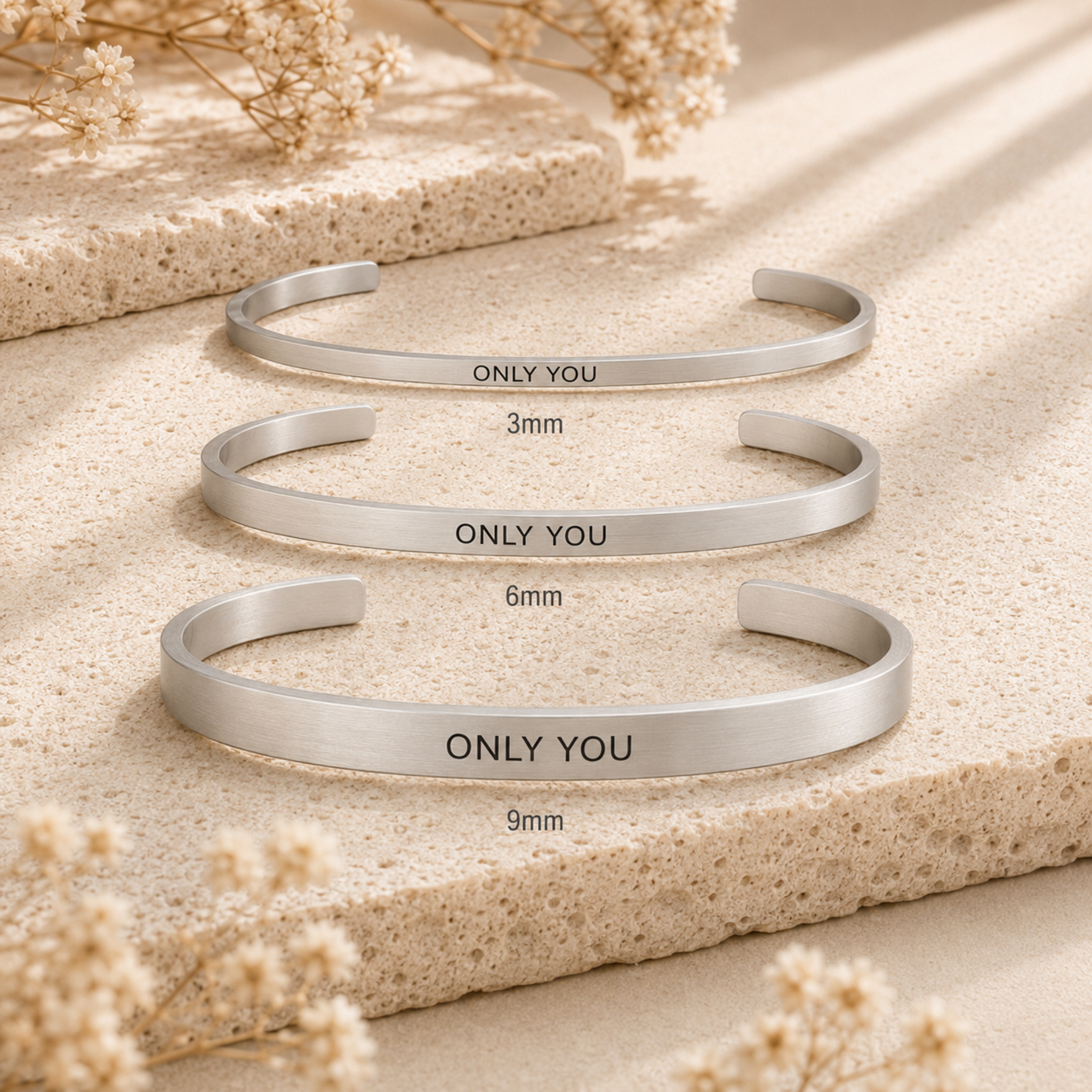3mm 6mm and 9mm affirmation bangle size comparison