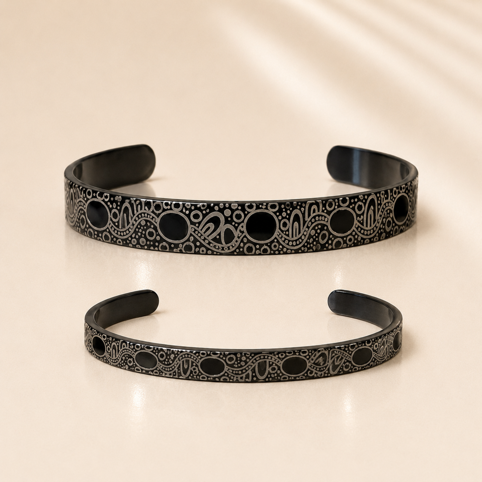 Black In The Stars Aboriginal Art Cuff Bangles in 6 mm and 9 mm