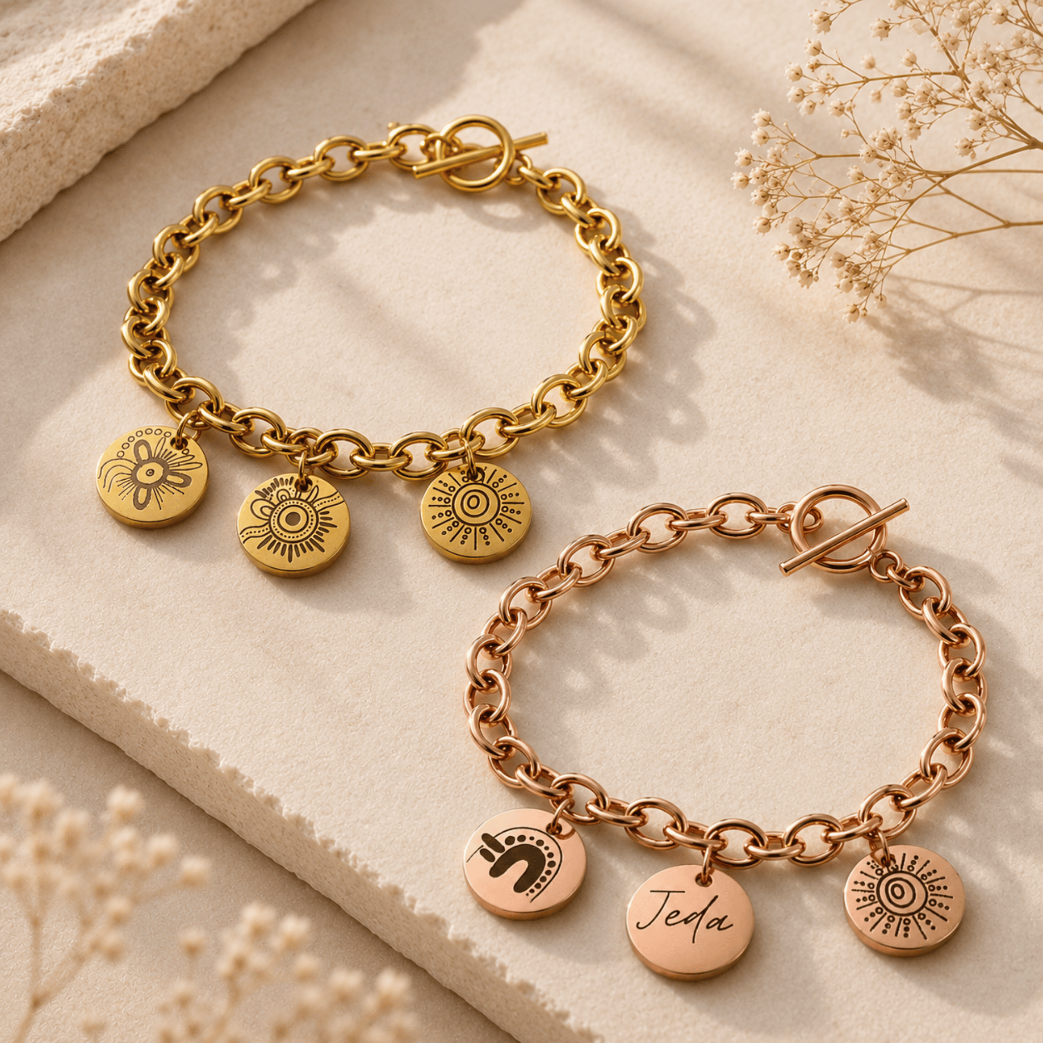 Rose gold-plated and 18k gold-plated custom charm bracelets