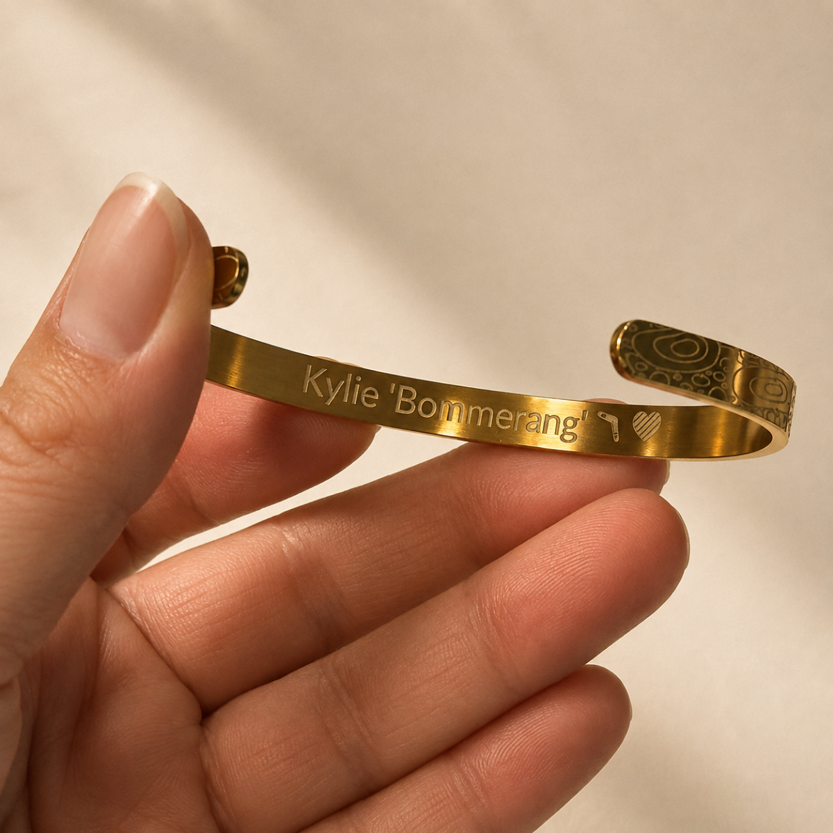 Meaningful message engraved inside an Aboriginal Art Cuff Bangle