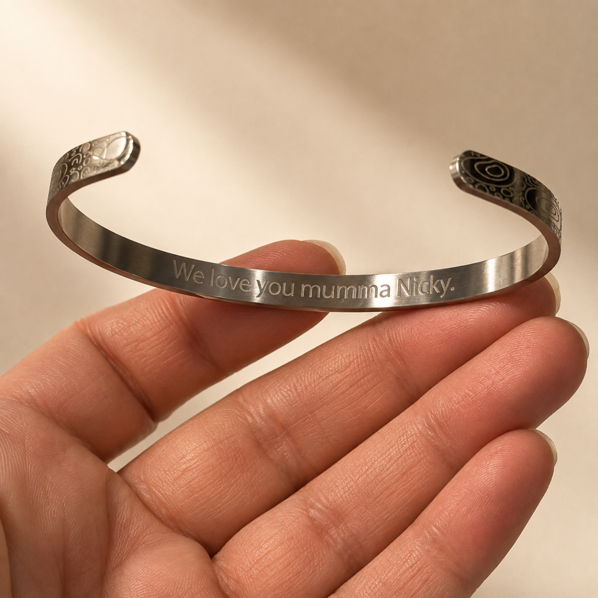 Example of personalised engraving inside an Aboriginal Art Cuff Bangle