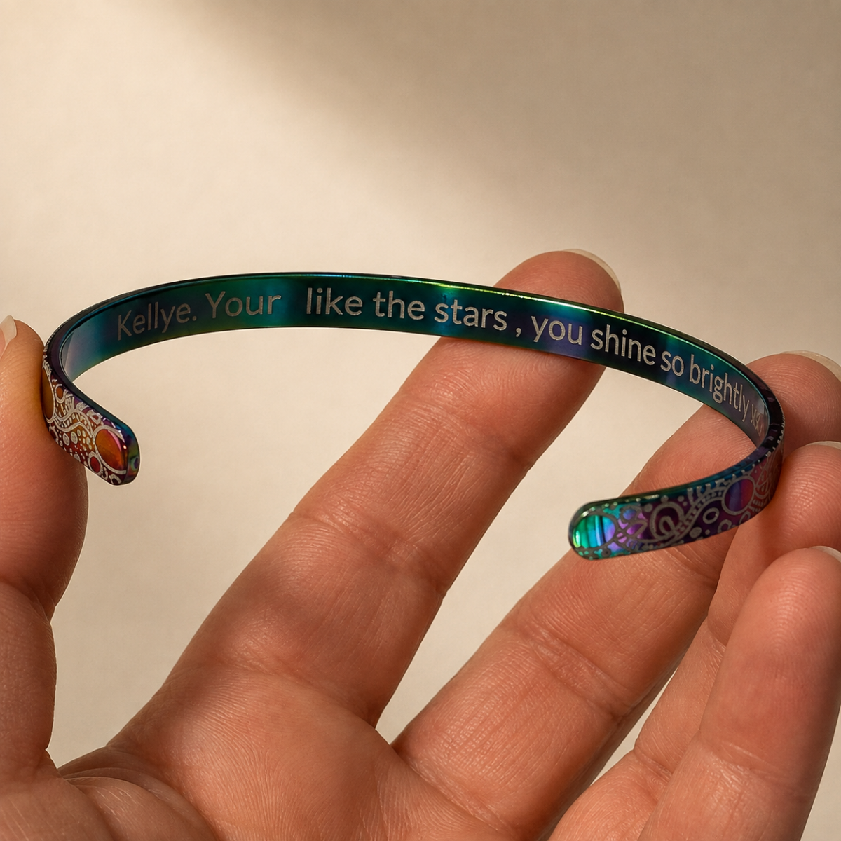 Personalised inside engraving example on an Aboriginal Art Cuff Bangle
