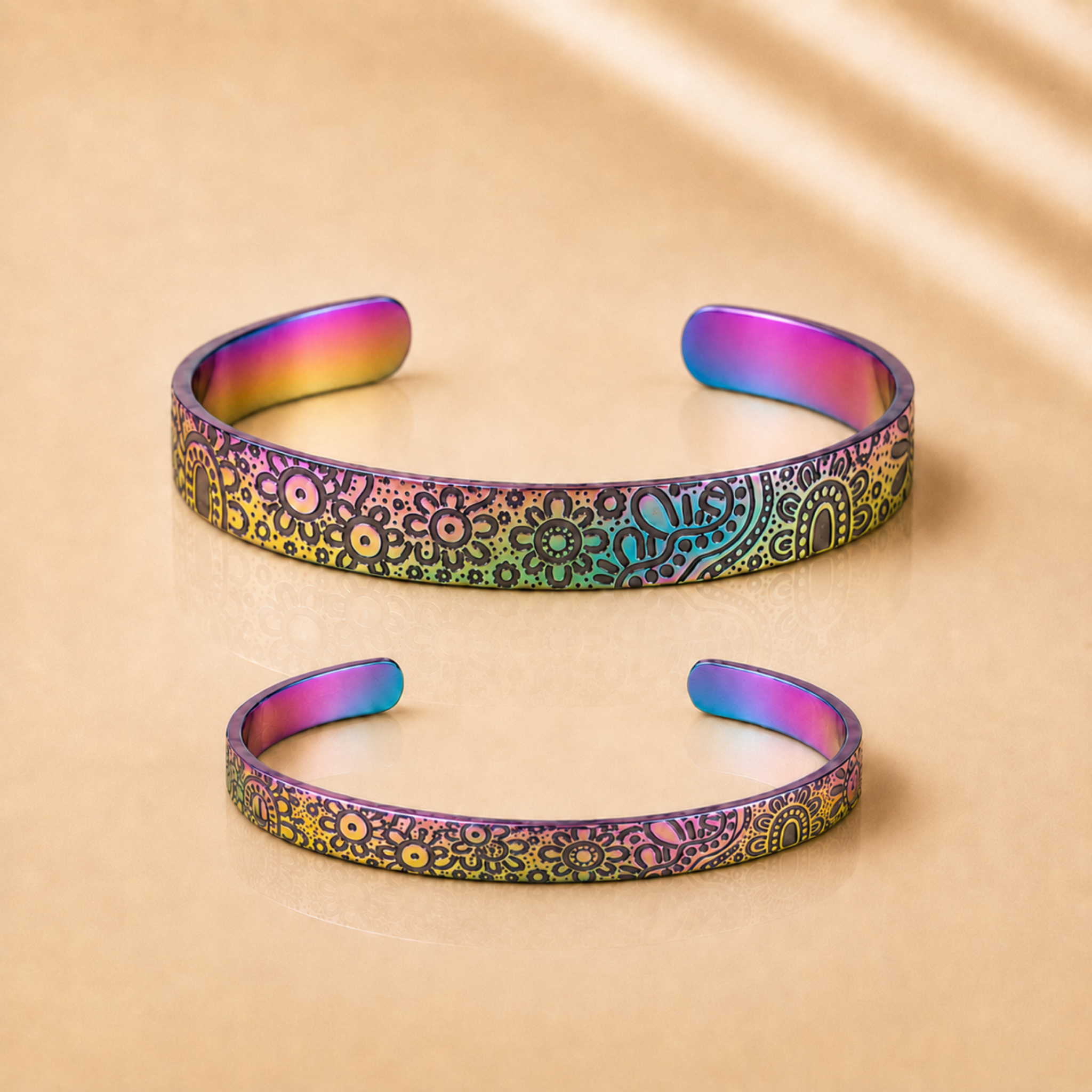 Rainbow Gathering Aboriginal Art Cuff Bangles in 6 mm and 9 mm
