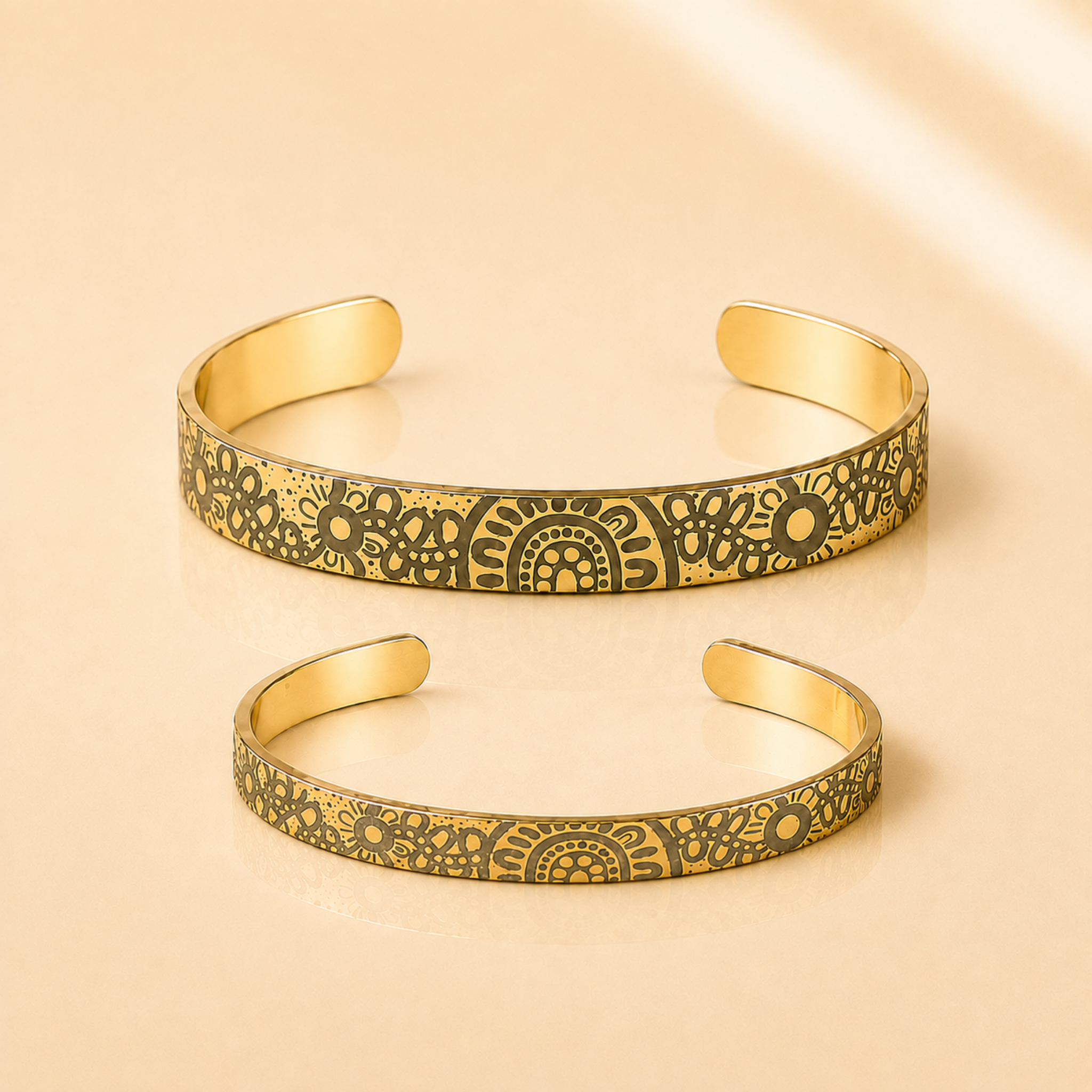 Gold Connection Aboriginal Art Cuff Bangles in 6 mm and 9 mm