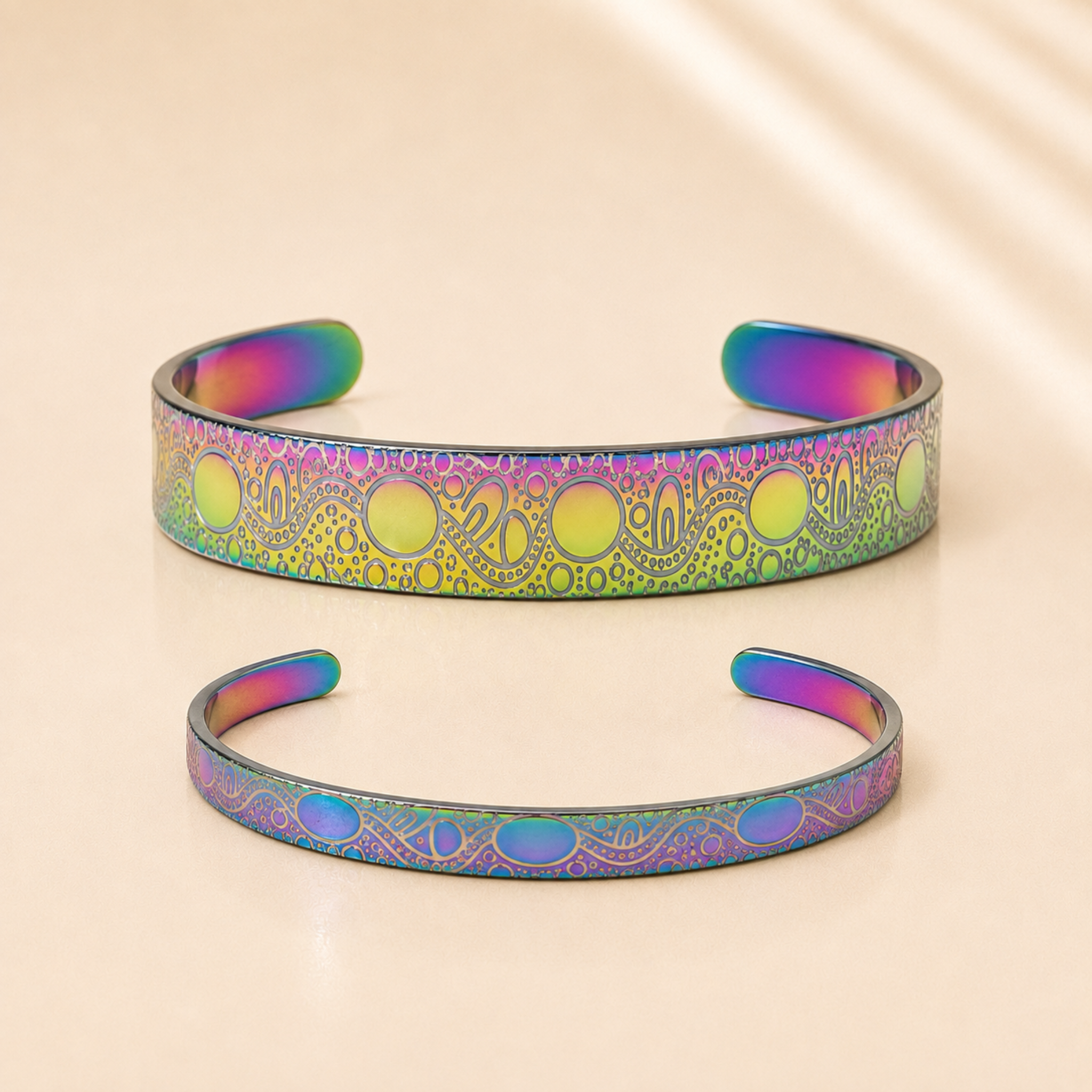 Rainbow In The Stars Aboriginal Art Cuff Bangles in 6 mm and 9 mm