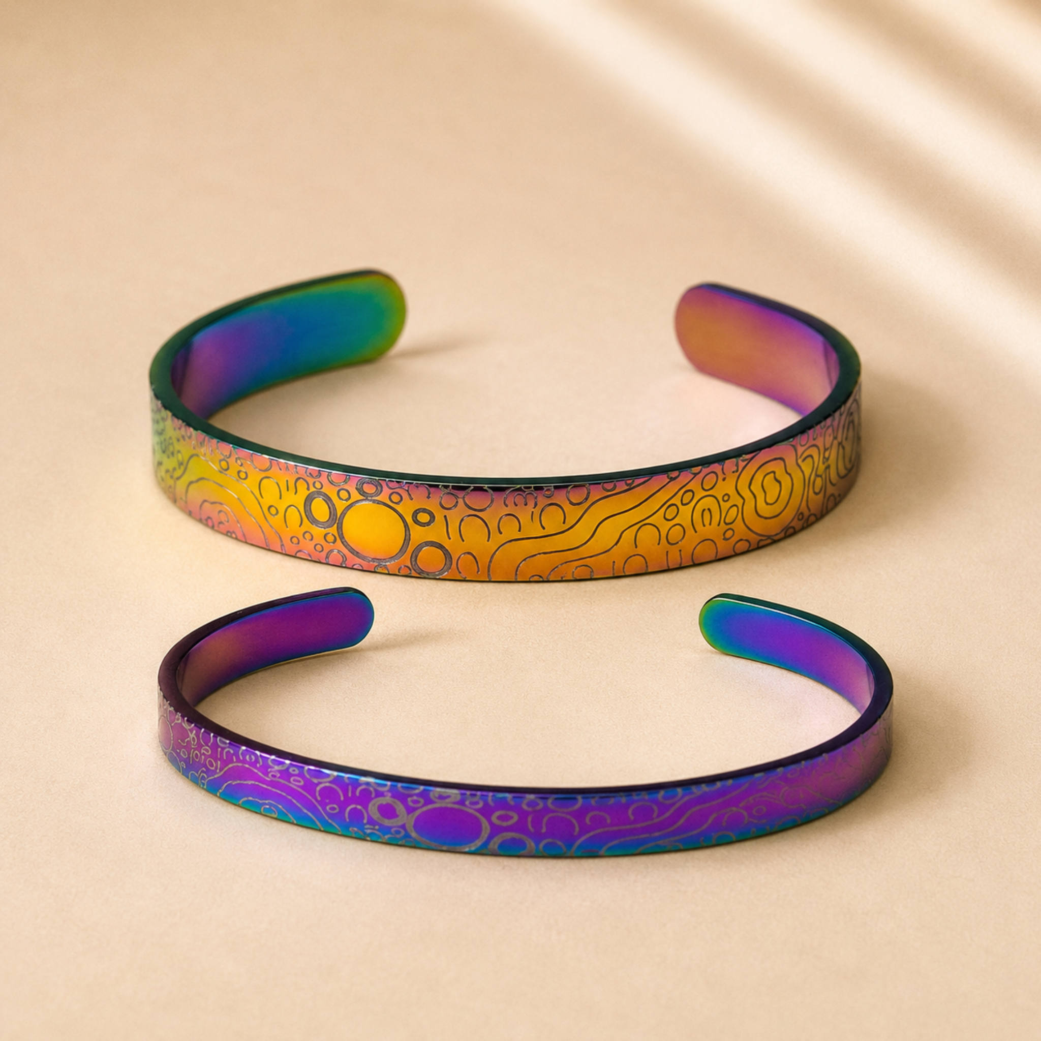 Rainbow Walking on Country Aboriginal Art Cuff Bangles in 6 mm and 9 mm