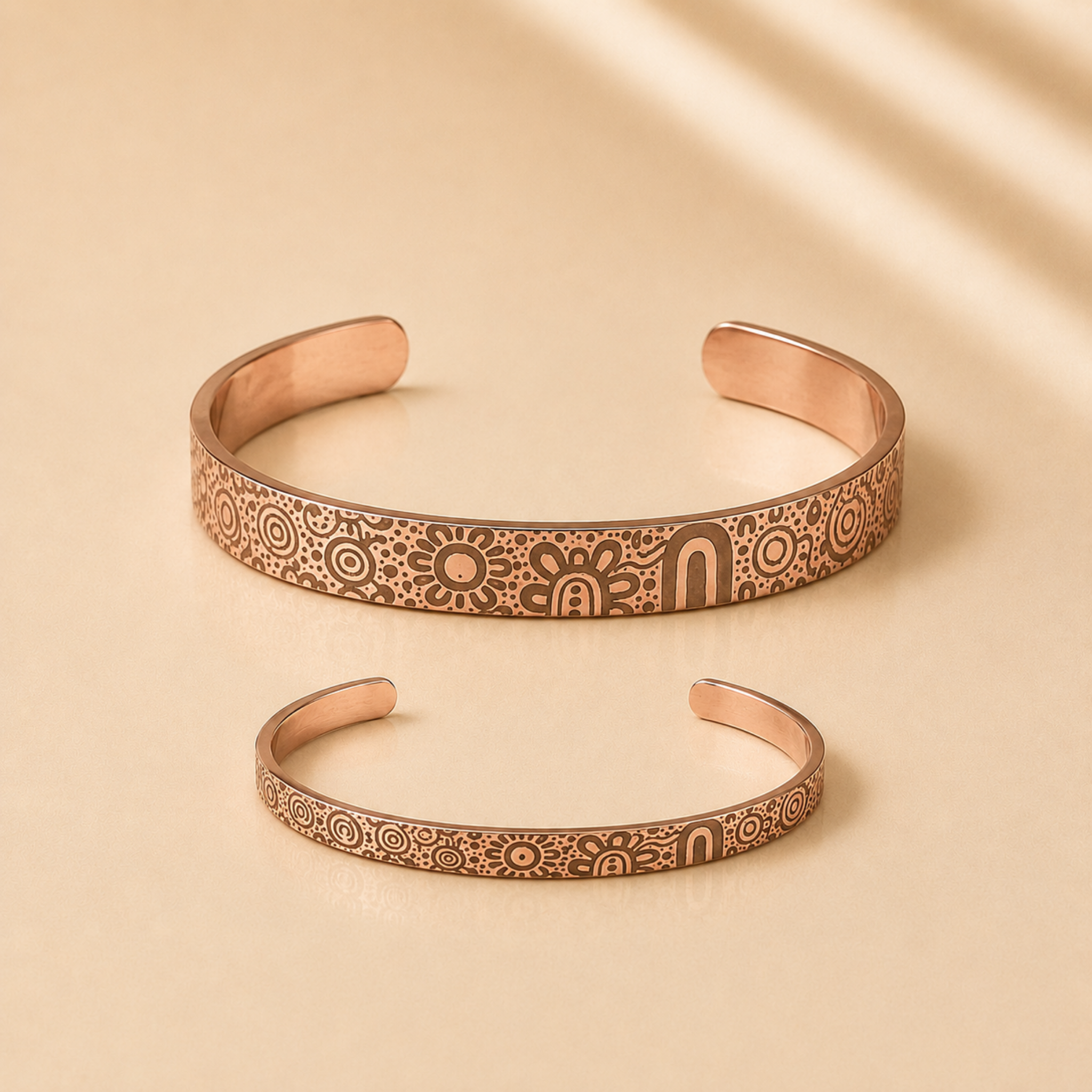 Rose Gold Boandik Country Aboriginal Art Cuff Bangles in 6 mm and 9 mm